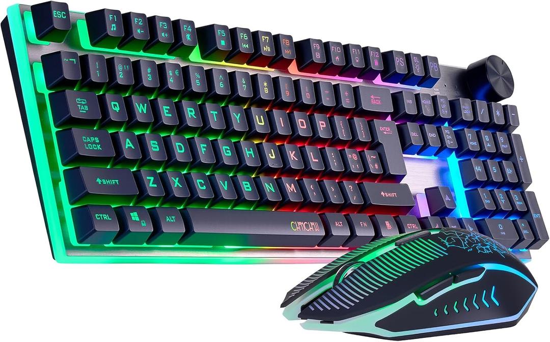 Wireless Gaming Keyboard with knob and Mouse Combo USB Dongle 2.4G Rechargeable 3000mAH Battery RGB Backlit Stainless Panel 4200DPI Side Button Mice for PC Laptop Compatible with Windows 8/9/10 MacOS