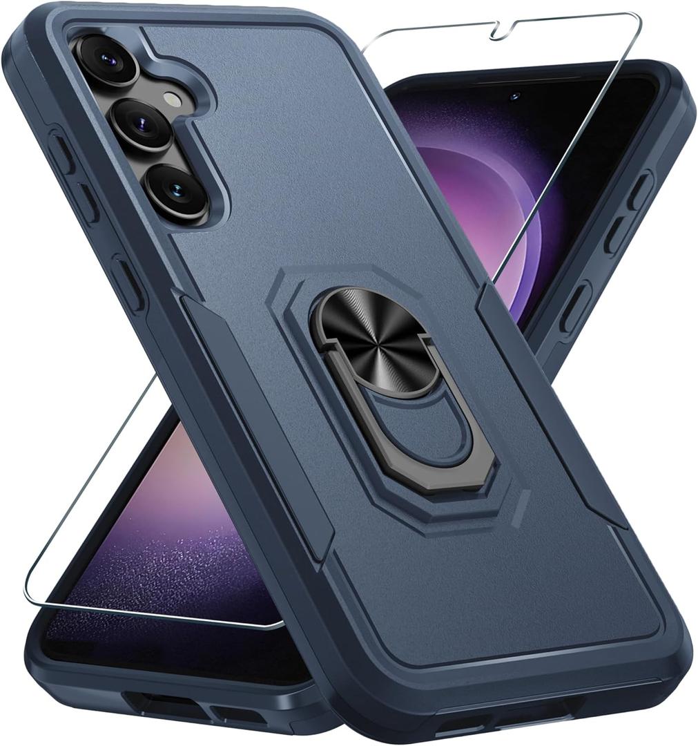Compatible with Samsung Galaxy S24/S25 Case with Screen Protector Tempered Glass,Heavy Duty Shockproof Full Body Phone Cover Built in Metal Ring Holder Kickstand,2025 Navy Blue