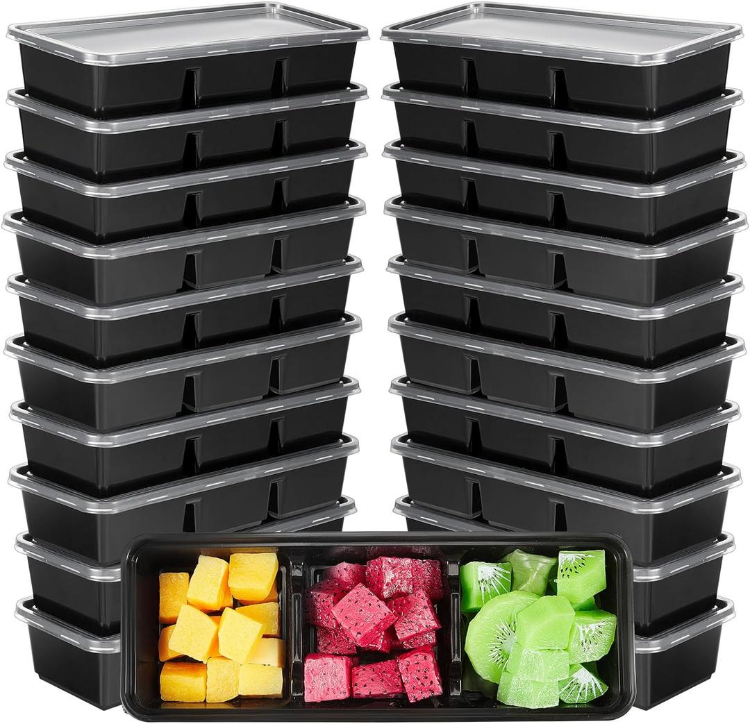 Hushee 10 Pack 17 oz Black Small Meal Prep Containers 3 Compartments with Lids Disposable Plastic Bento Boxes Travel Lunch Food Boxes Reusable Stackable for Office Picnic