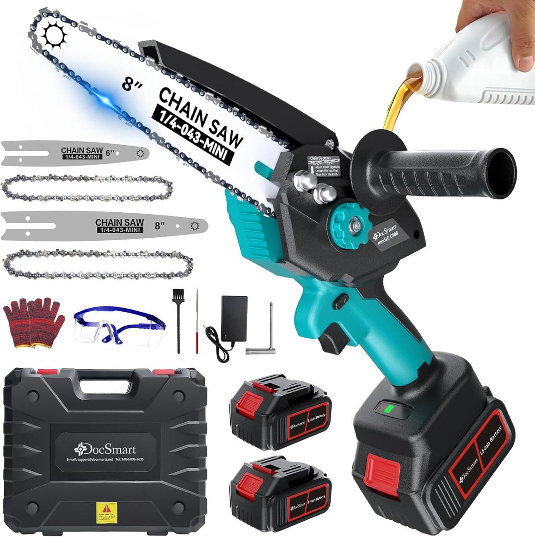 Mini Chainsaw Electric Cordless: 8 inch & 6 inch Brushless Chain Saw with 2x4000mAh Batteries, Battery Powered Hand Held Saw for Trees Trimming Wood Cutting, Ideal Gift for Men Dad Husband (Blue Cs08-b4)