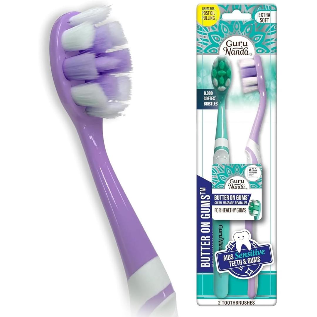 GuruNanda Butter On Gums Toothbrush, ADA Accepted, with 8000+ Ultra Soft Softex Bristles for Sensitive & Receding Gums, Perfect for Whiter Teeth, 2 Ct (Multicolor)