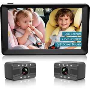 Dual Baby Car Camera, 7" 1080P Split Screen Baby Car Monitor with Night Vision, Rear Facing Car Seat Camera for 2 Kids Newborn Toddlers Travel Safety