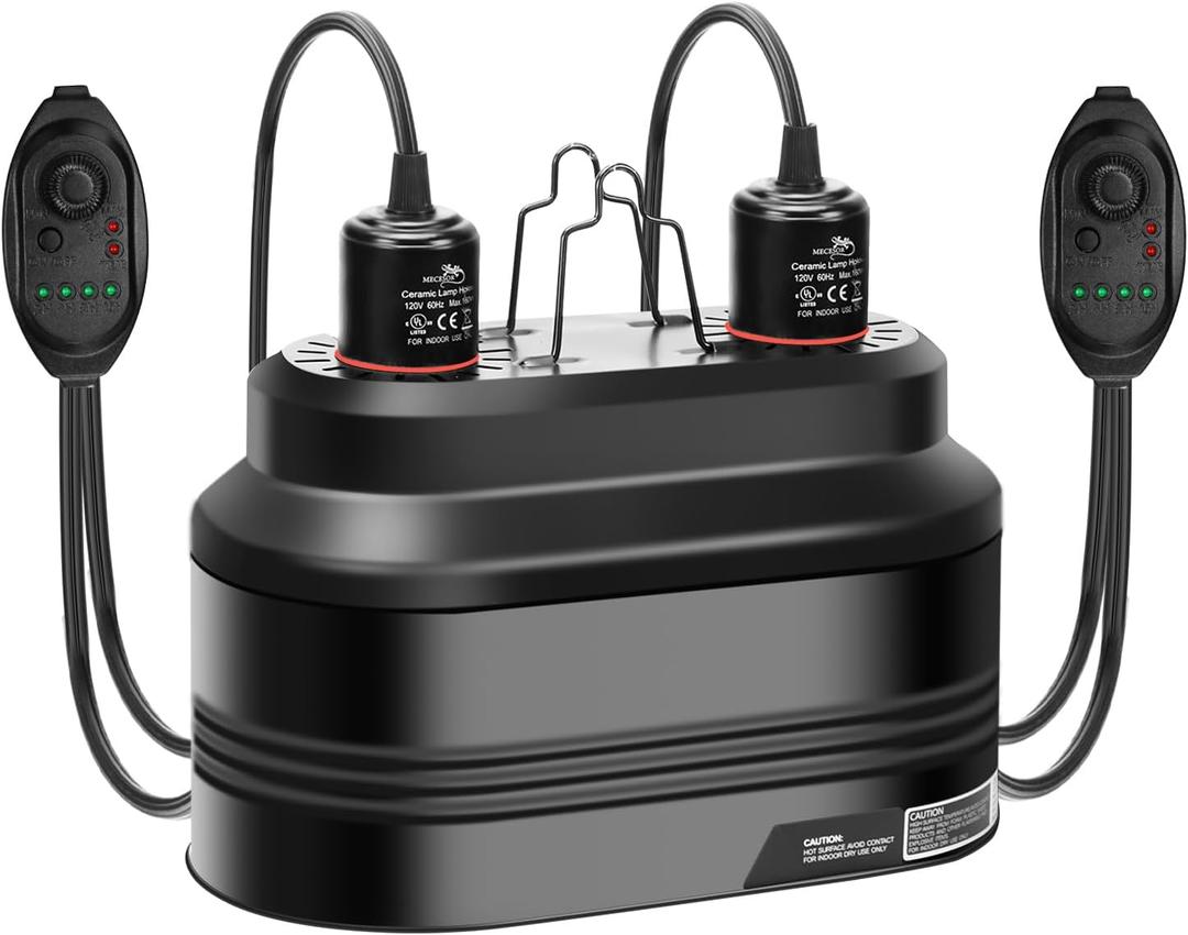 Reptile Dual Light Fixture with Dimming Switch and Timer, Deep Dome Reptile Heat Lamp Fixture Double UVB Light Fixture, Double Dome Lamp Fixture for Basking Heat Bulb for Terrariums