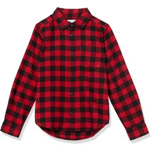 Amazon Essentials boys Flannel Button Down Shirt (X-Large, Red Buffalo Check)
