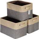 Sea Team 3-Pack Large Storage Basket Set, Trunk Organizer, Clothes Toys Bin, 15 x 10 x 10 Inches, Big Rectangular Canvas Fabric Collapsible Shelf Box with Handles for Kids Room (Grey/Beige)