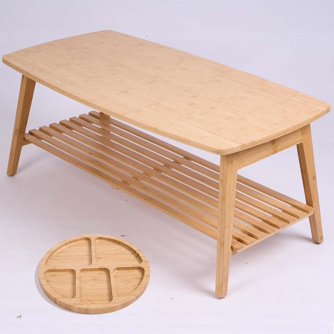 Bamboo Coffee Table Folding Floor Table, Floor Desk for Adults Low Table for Sitting on the Floor Folding Table for Living Room Japanese Table Bamboo 19.7x38.6in with Open Storage Shelf, No Assembly