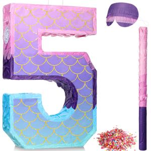 Shappy 16 Inch Mermaid Piata Purple Number Birthday Piata Party with Stick Blindfold Confetti for Anniversary Celebration Birthday Decoration Supplies(Number 5)