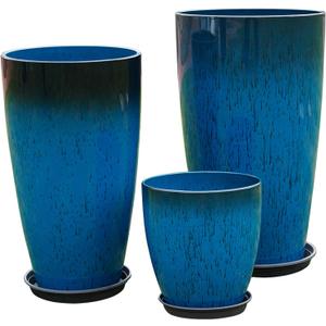 24,21,11 Inch Large Plastic Planters with Drainage Hole and Saucer - Set of 3 Tall Plant Pots Indoor Flower Pot Tall Round Planters Outdoor Large Tall Planter (Dark Blue)