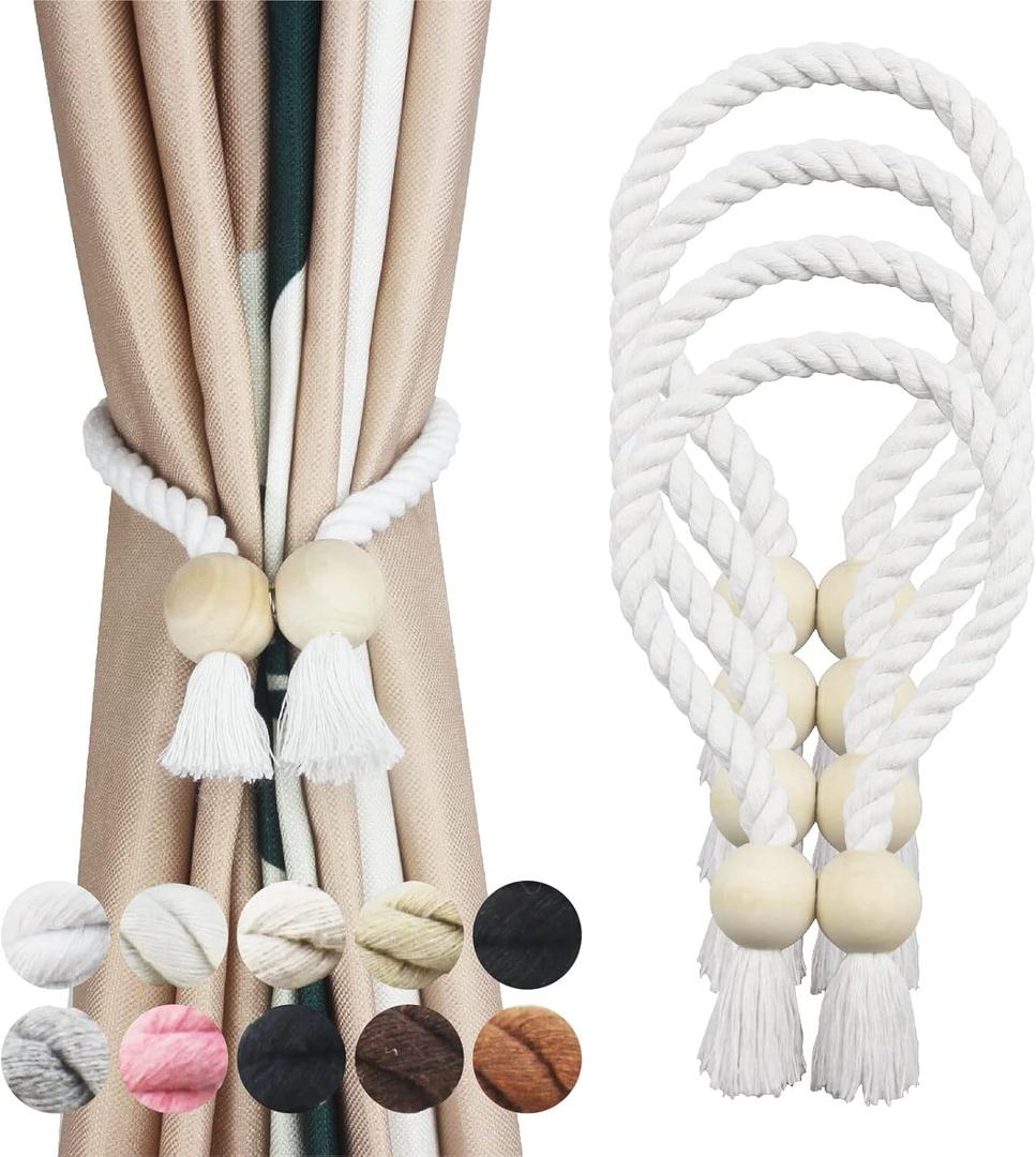 4 Pack White Magnetic Curtain Tiebacks Cotton Hand Woven Tieback Holdback Decorative Tie Backs for Drapes with Wooden Buckle No Tools Required