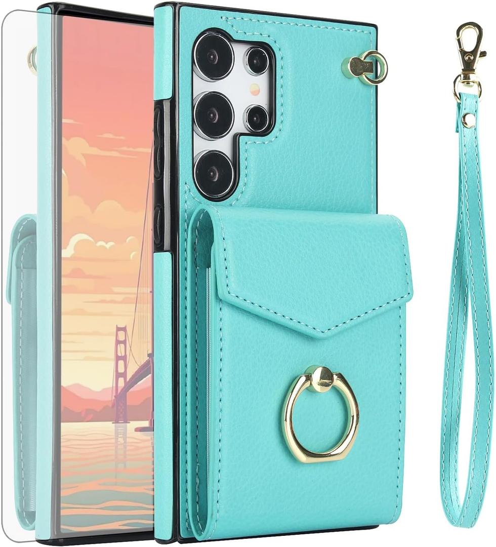 Asuwish Phone Case for Samsung Galaxy S24 Ultra 5G Wallet Cover with Tempered Glass Screen Protector and RFID Blocking Ring Credit Card Holder Cell Accessories S24Ultra 24S S 24 24Ultra Women Men Teal