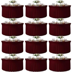 12 Pack Burgundy Round Spandex Tablecloth for 72 Inch Round Table, 132 Inch Stretch Fitted Tablecloth, Wrinkle-Free Table Cover with Skirt for Birthday, Wedding, Banquet, Party Decor, 72R Inch| 12 Pack