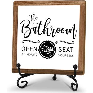Funny Bathroom Signs Decor, Toilet Wooden Sign With Stand, The Bathroom Open 24 Hours Please Seat Yourself Sign, Farmhouse Bathroom Quote Sign For Toilet Restroom Washroom Home Decor Gifts, B13