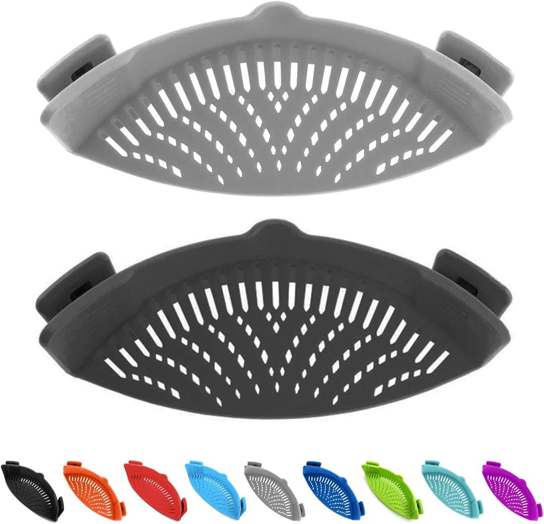 Clip on Kitchen Food Strainer for Spaghetti, Pasta, Meat, Fruits, Vegetables. Silicone Kitchen Food Strainer for Pots & Bowls. (Grey&Black)