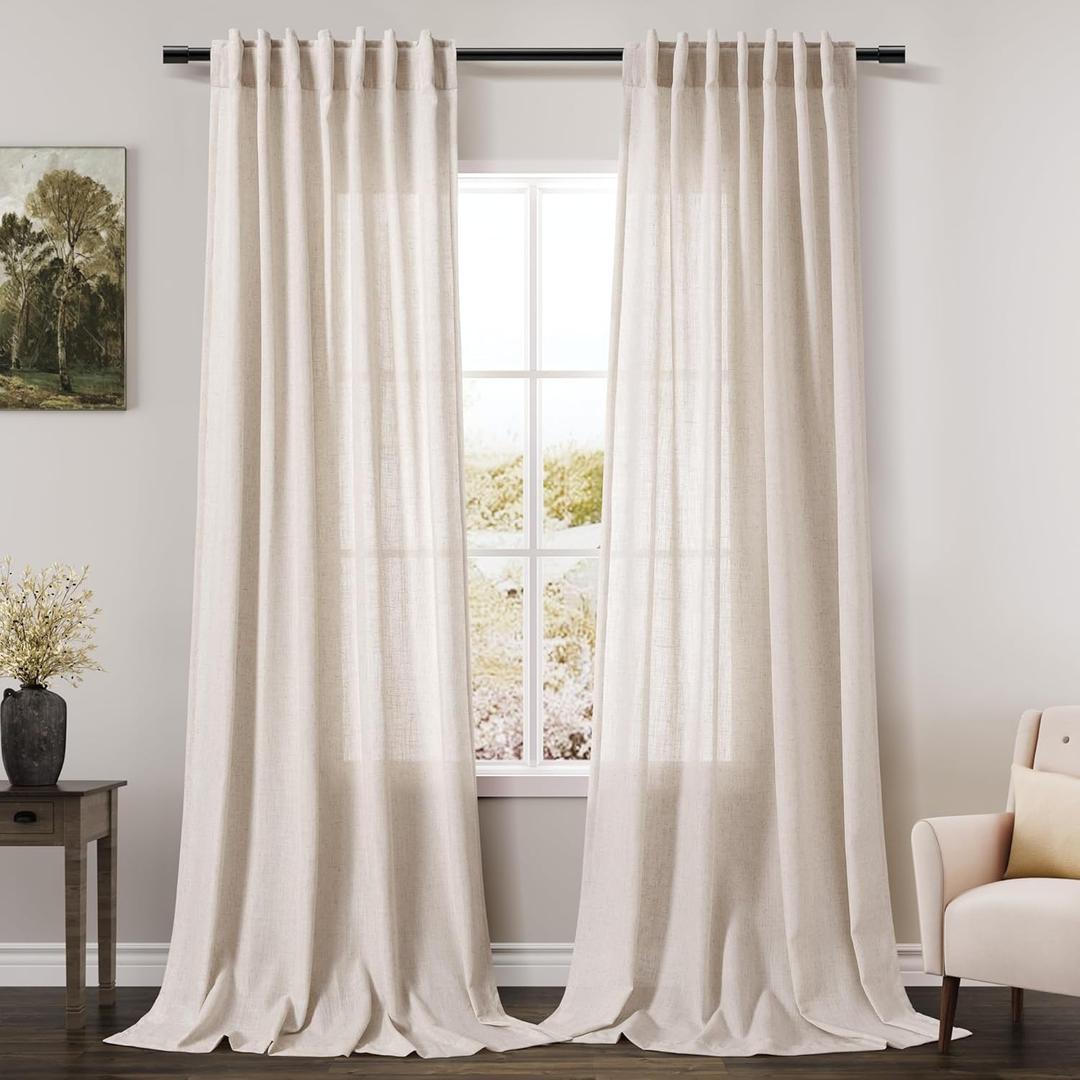 Nanspring Natural Linen Curtains Beige Semi Sheer 98 Inches Long Curtain for Living Room Bedroom 2 Panels Set Back Tab Rod Pocket Light Filtering Voile Window Drapes for Farmhouse Office W52xL98 (52"W x 98"L (Pack of 2))