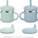 Upgrade Stainless Steel Baby Sippy Cups, 7.4 Oz Spill Proof Toddler Straw Cups, 3 Stages Training Cup for Toddlers 1-3 Year, Kid Cups with Silicone Sheel and Straws (Blue+Green)