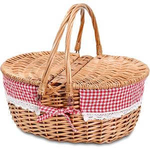Wicker Picnic Basket with Removable Liner Empty Picnic Baskets with Lid for 2, Picnic Hamper with Foldable Handles for Picnic 2,Checkered