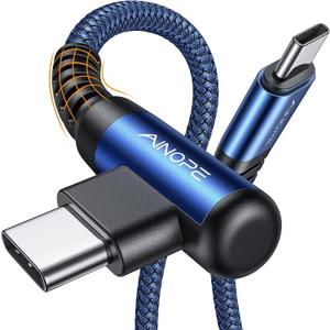 AINOPE USB C Cable 60W 2-Pack 10ft Nylon Braided USB C to USB C Cable Type C Charger Fast Charging Right Angle USBC Cable Charger Cord for iPhone 16 Pro Max 15 Plus Samsung S24 S23 iPad Pro Blue