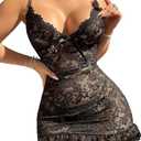 COZYEASE Women's 2 Piece Lingerie Set Floral Lace Ruffle Hem Sheer Teddy Babydoll Chemise Nightgown with Thong, XL