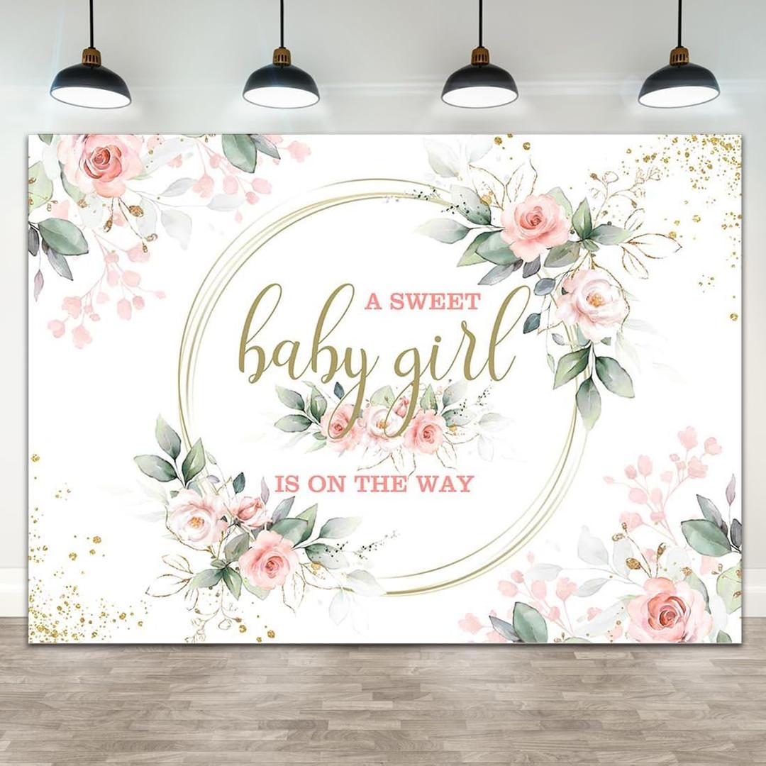 Pink Baby Girls Baby Shower Decorations Banner Backdrops Its a Girl Floral a Sweet Little is On Her Way Sprinkle Party Decor Photography Background Photo Booth Studio Props 7x5ft