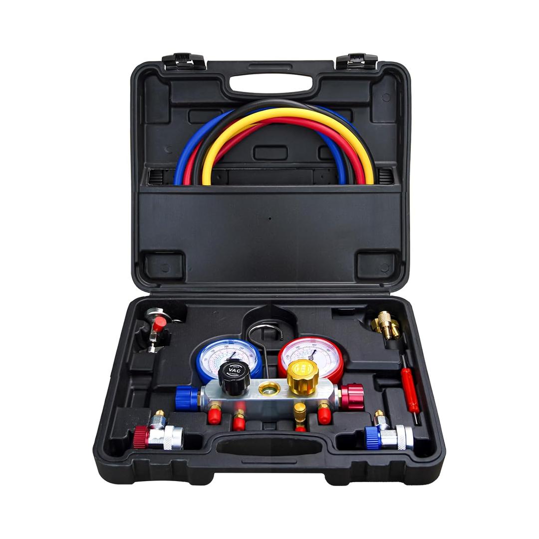 4 Way AC Gauge AC Diagnostic Manifold Gauge Set for R410A R22 A134A Refrigerant 4 Valve AC Manifold with 5FT Hoses Couplers Can Tap & Adapters