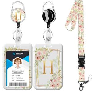 Letter H Lanyards for ID Badges,Floral Badge Holder with Lanyard Badge Reel Retractable Keychain ID Name Tag Work Badge Clip for Teacher Women Work Office, Pack of 3