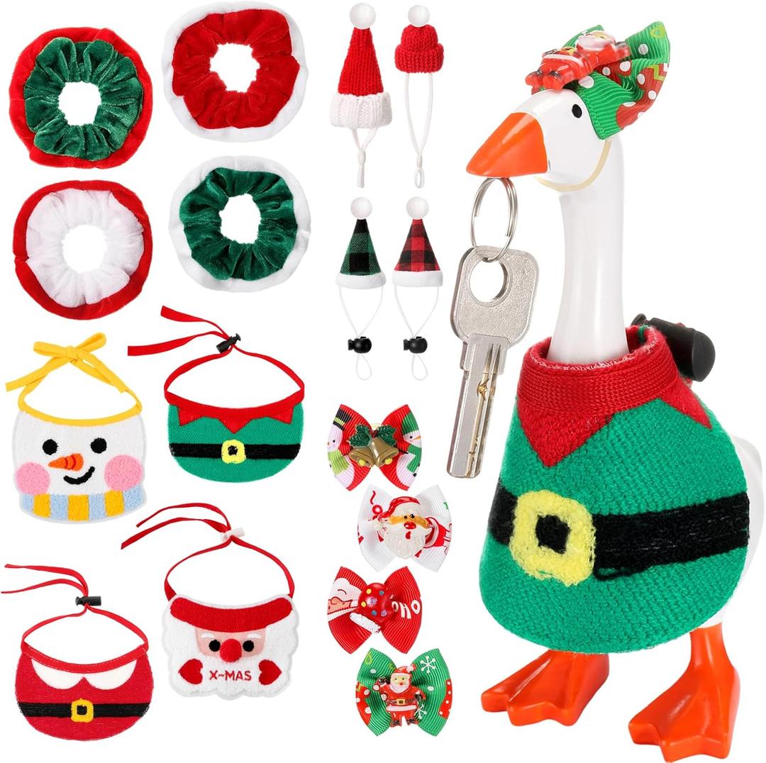 FineCheer 16 Pcs Christmas Mini Desk Goose Outfit Xmas Santa Elf Snowman Costume with Bandana Hats Headwear Bow Ties and Dress Clothes for Xmas Gift Magnetic Duck Toy Table Key Holder Decor