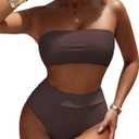 Pink Queen Women's High Waist Bikini Set Removable Strap Bandeau Two Piece Swimsuit Bathing Suit (02 - Dark Brown, 2XL)
