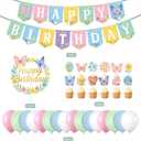 Butterfly Birthday Party Decorations for Girls Women, Spring Birthday Party Decorations - Pastel Spring Happy Birthday Banner, 24 Balloons, Butterfly Cake Topper & 24 Cupcake Toppers
