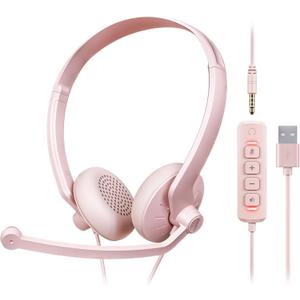 Headset with Microphone for PC - Wired USB Headset Computer Headphones with Microphones (Pink) Headset with Microphone for PC - Wired USB Headset Computer Headphones with Microphones (Pink)