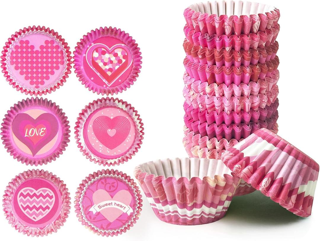qiqee Valentine Cupcake Liners 300PCS Muffin Liners 6 Designs Birthday Cupcake Papers Baking Cups For Valentine's Day(Mini Size)
