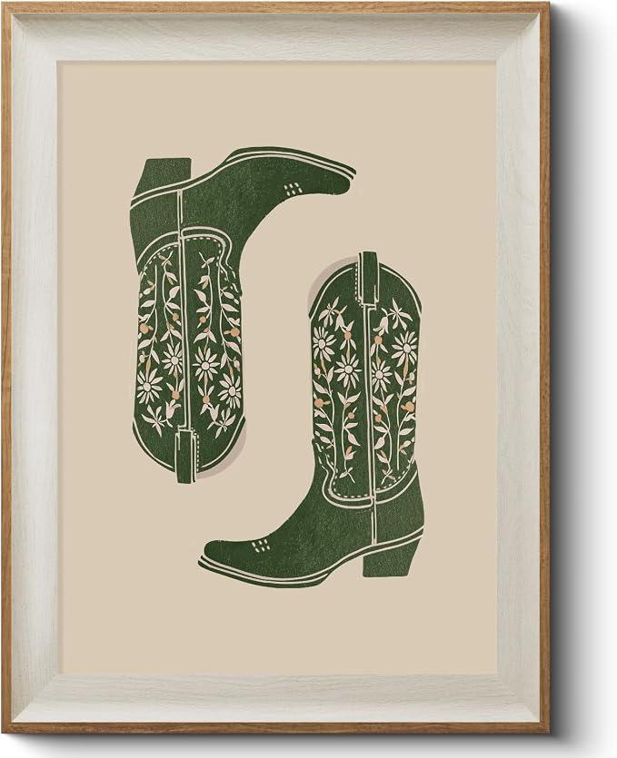 HUARCEY Classic Frame Western Illustration Canvas Wall Art, Vintage Green Cowgirl Cowboy Floral Boots Artwork Painting, Farmhouse Boho Teenager's Living Room Bedroom Home Decor 12x16 Inch