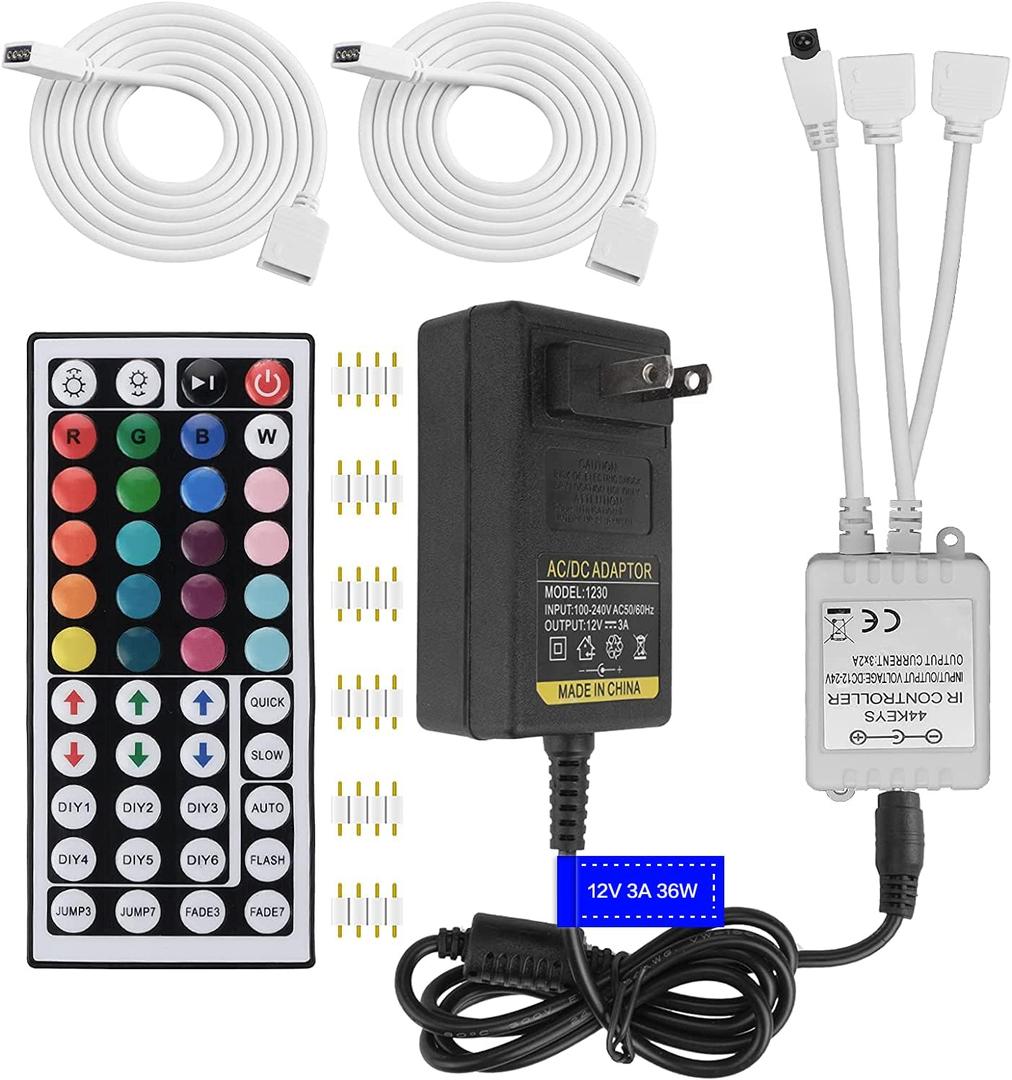 2-Port 44 Key IR LED Light Remote,RGB Control Box+ DC 12V 3A LED Power Supply Led Light Adapter+ 2 Pack 3.3FT Extension Cable for 5050 2835 RGB LED Strip Lights(Incompatible 24V LED Strip Light)