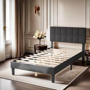 GlasFlength Twin Bed Frame with Headboard Adjustable, Platform Bed Frame W/Wooden Strip Support & Linen Fabric Upholstered Headboard, No Box Spring Needed, Easy Assembly, Twin/Dark Grey