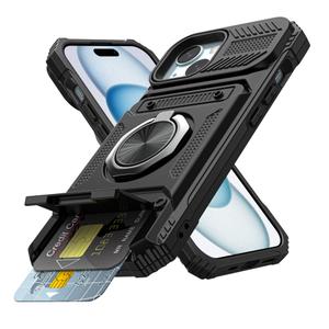 Vofolen for iPhone 15 Wallet Case with Card Holder [Store 2 Cards] + 360° Magnetic Rotated Ring Stand Dual Layer Heavy Duty Shockproof Drop Protection Wallet Phone Case for iPhone 15, 6.1 Inch Black