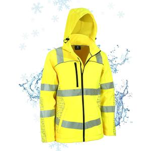 PAFESTER Safety Reflective Rain Jackets for Men Winter Yellow Insulated Rain Coats Waterproof Hoodie with Multiple Pockets, X-Large, Safety Jacket