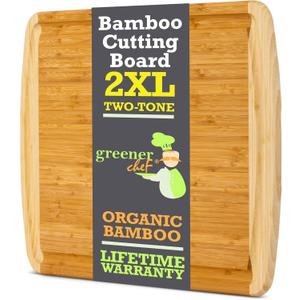 GREENER CHEF 24 Inch Bamboo Cutting Board with Lifetime Replacement - 2XL Extra Large Wooden Butcher Block for Kitchen, Stove Top, Meat, Vegetables, and Charcuterie with Deep Juice Grooves (24"L x 18"W, Two-Tone)