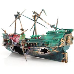 SLOCME Aquarium Shipwreck Decorations - Air Bubbler Sunken Ship Ornament, Fish Tank Air Action Aerating Decorations