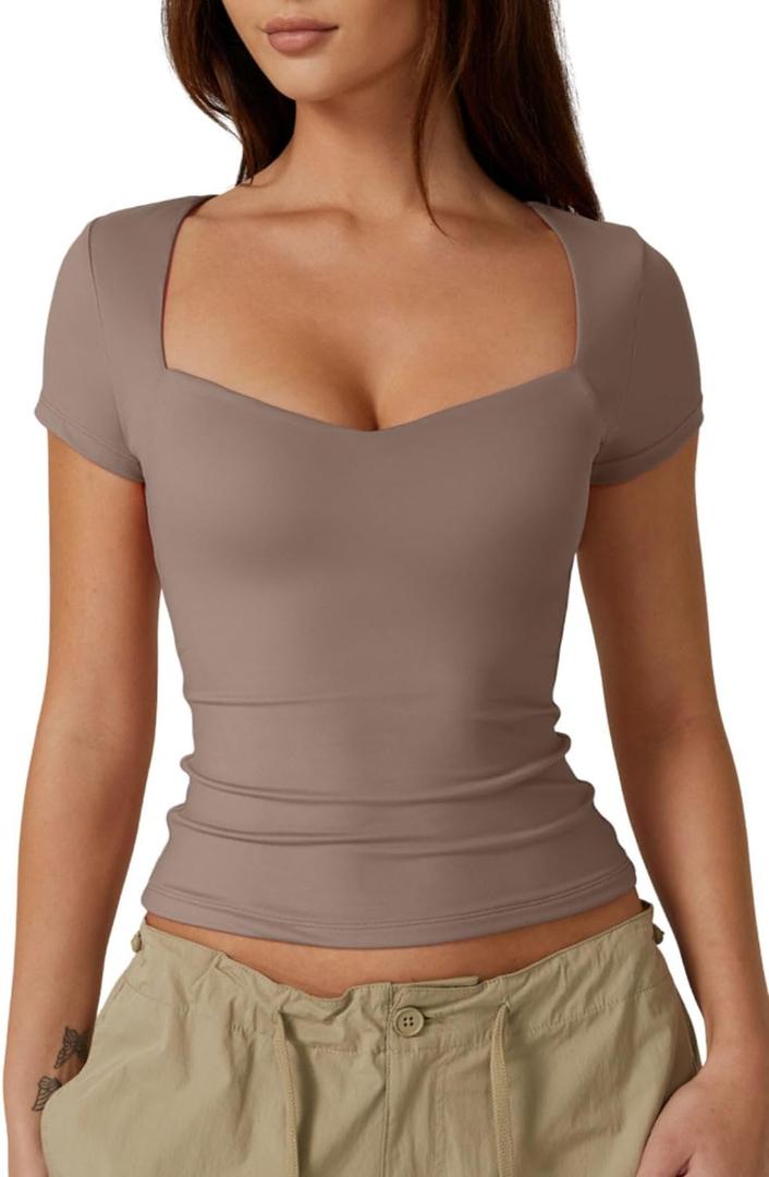 QINSEN Womens Sweetheart Neck Short Sleeve T Shirts Slim Fit Basic Tee Trendy Crop Top (Large, Mushroom)