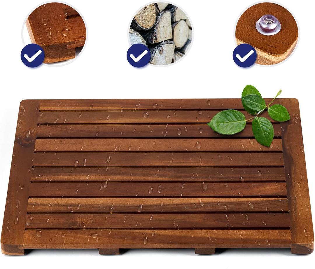 Teak Shower Mat, 24 x 18 inch Wood Bath Mat for Inside Shower, Premium Wooden Shower Floor Mat, Teak Wood Bath Mat for Bathroom Spa & Outdoor Use