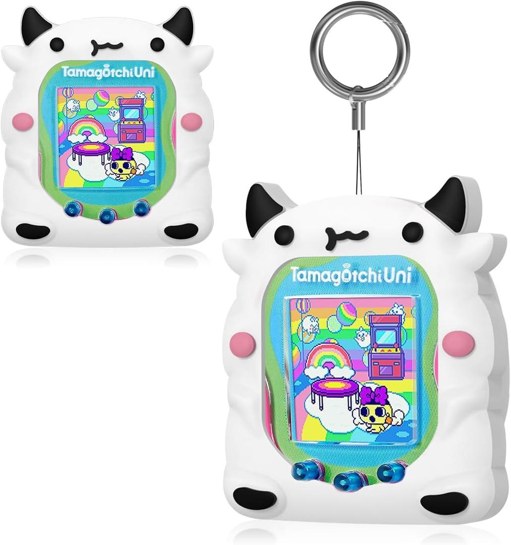 BEARDDO Silicone Case Compatible with Tamagotchi Uni Case, Cute Cartoon White Cow Virtual Pet Game Machine Protector Cover for Tamagotchi Uni Accessories with Ring Lanyard (White Cow)