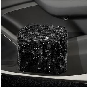 NYTKL Bling Car Trash Can with Lid, Sparkly Mini Crystal Litter Container Auto Hanging Dustbin, Leakproof Plastic Trash Bin Rhinestone Garbage Storage Organizer for Car Home Office (Black)