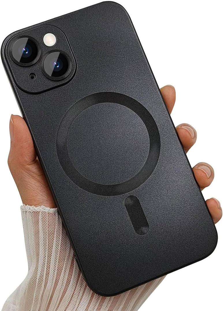 ankofave Magnetic Case for iPhone 15 Plus Phone Case for Women, Cute Matte Luxury Soft Metallic Luster Design with Camera Lens Protector, Compatible with Magsafe Case for iPhone 15 Plus 6.7" - Black