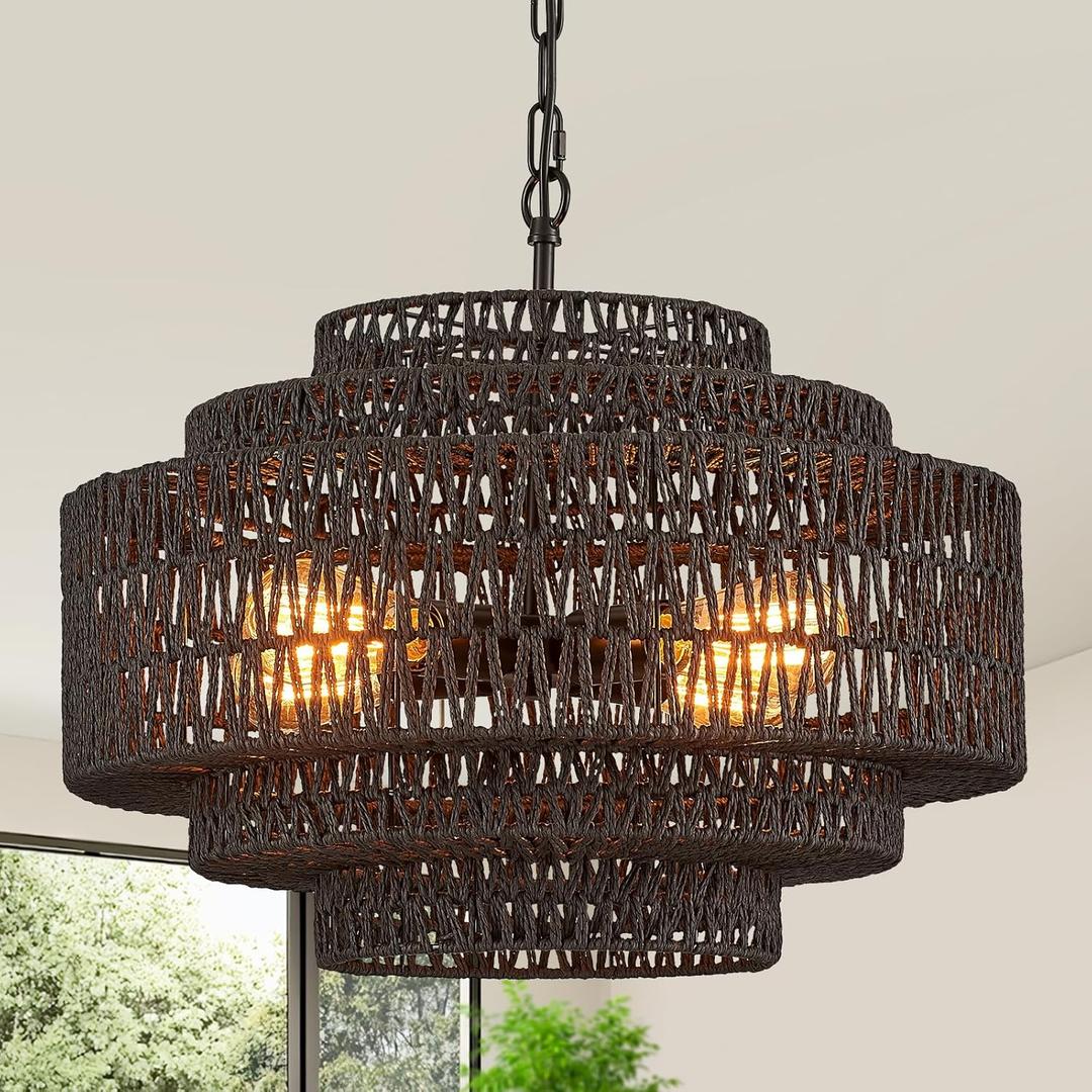20" Black Boho Rattan Chandelier Woven Rattan Hanging Light Farmhouse Chandelier 4-Light Bamboo Wicker Light Fixtures for Dining Room, Kitchen Island, Bedroom Entryway