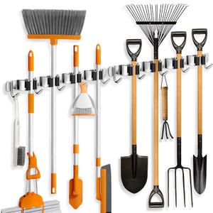 ZONGOOL 2 Pack Mop Broom Holder Wall Mount, 4 Racks and 5 Hooks Broom Organizer Storage Tool Racks Stainless Steel Non-slip Wall Hanger for Home Kitchen Garden Laundry Garage (Silver)