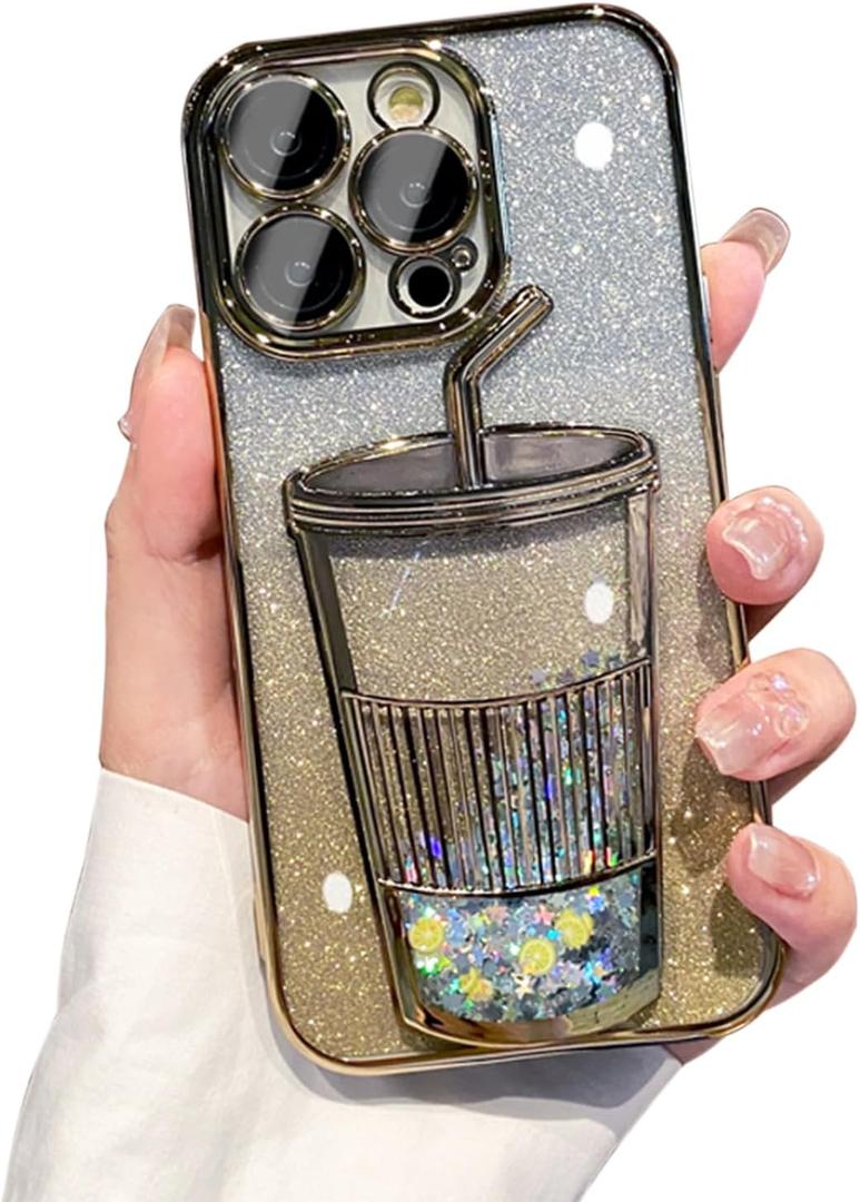 3D Bling Sparkle Plating Juice Bottle Designer Phone Case Compatible with iPhone 11 Pro Max, Cute Liquid Floating Gradient Glitter Quicksand Cup Phone Case with Camera Protection for Women - Gold