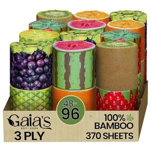 Gaias Premium and Soft Fruit TP Organic Bamboo Toilet Paper | 48 Mega Rolls, 3 Ply, 370 Sheets | FSC Certified, PFAS & BPA Free, Eco-Friendly, Sustainable Tissue - Plastic Free, Septic Safe, Vegan : Health & Household