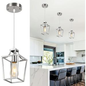 Brushed Nickel Lantern Pendant Light Fixture Pendant Lights for Kitchen Island, Adjustable Wire Hanging Mini Lantern Pendant Lighting for Dining Room Kitchen Hallway Foyer Bedroom (5.51 inch)