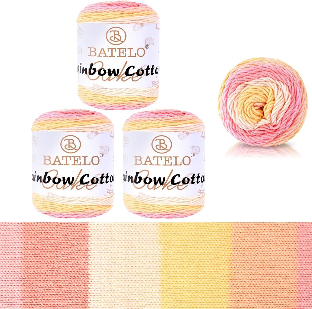 3 Pack Rainbow Cotton Cake Yarn Multicolor Cotton Crochet Yarn for Crocheting & Knitting Rug, Cushion, Home Decor Project - 45% Cotton & 55% Acrylic - 3 Light - 3.5oz/211yd - Peachy Cream