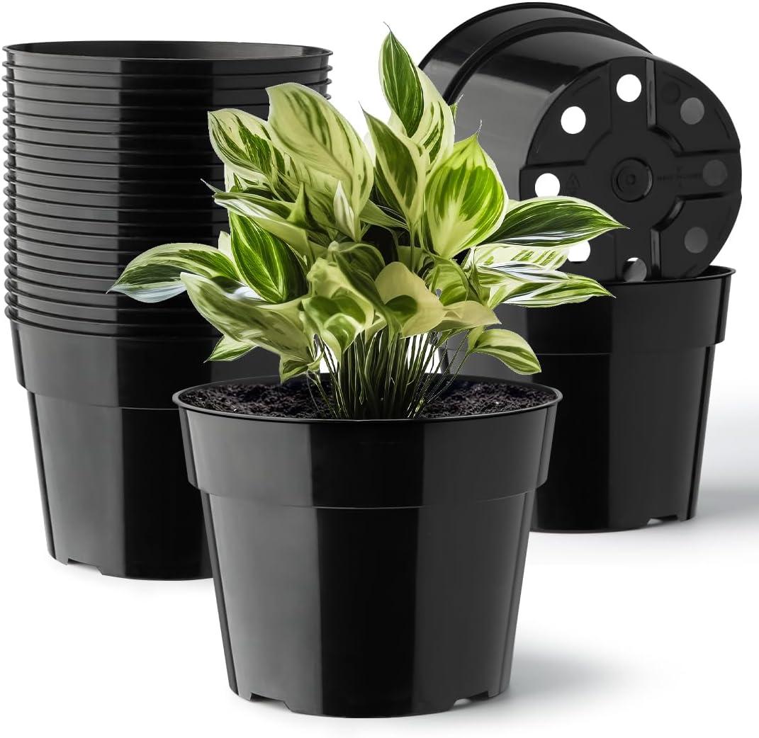 RooTrimmer 20 Pack Plant Pots, 6 Inch Plastic Plant Planter with Saucers and Mesh Mats, Durable Flower Pots with Drainage Holes Perfect for Indoor Outdoor, Black