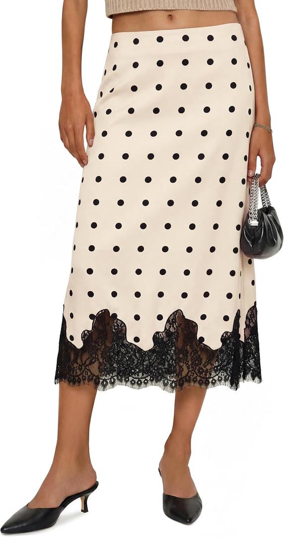 Cicy Bell Womens Silk Satin Midi Skirts Casual Dressy Lace Hem High Waisted A-Line Skirt Elegant Party Cocktail Outfit (M)